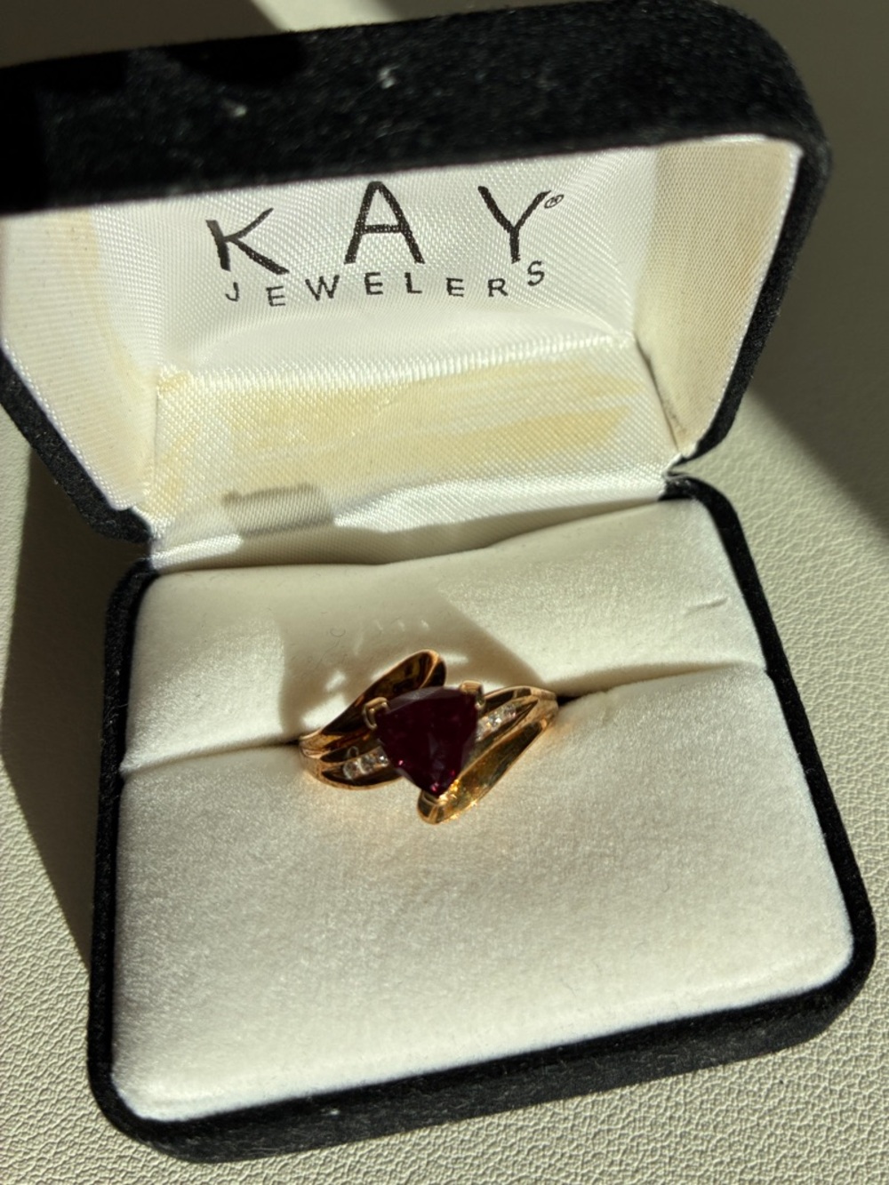 Kay Jewelers Gold Ring with Marquise Deep Red Stone